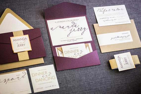 Modern plum and gold wedding invitations on Etsy