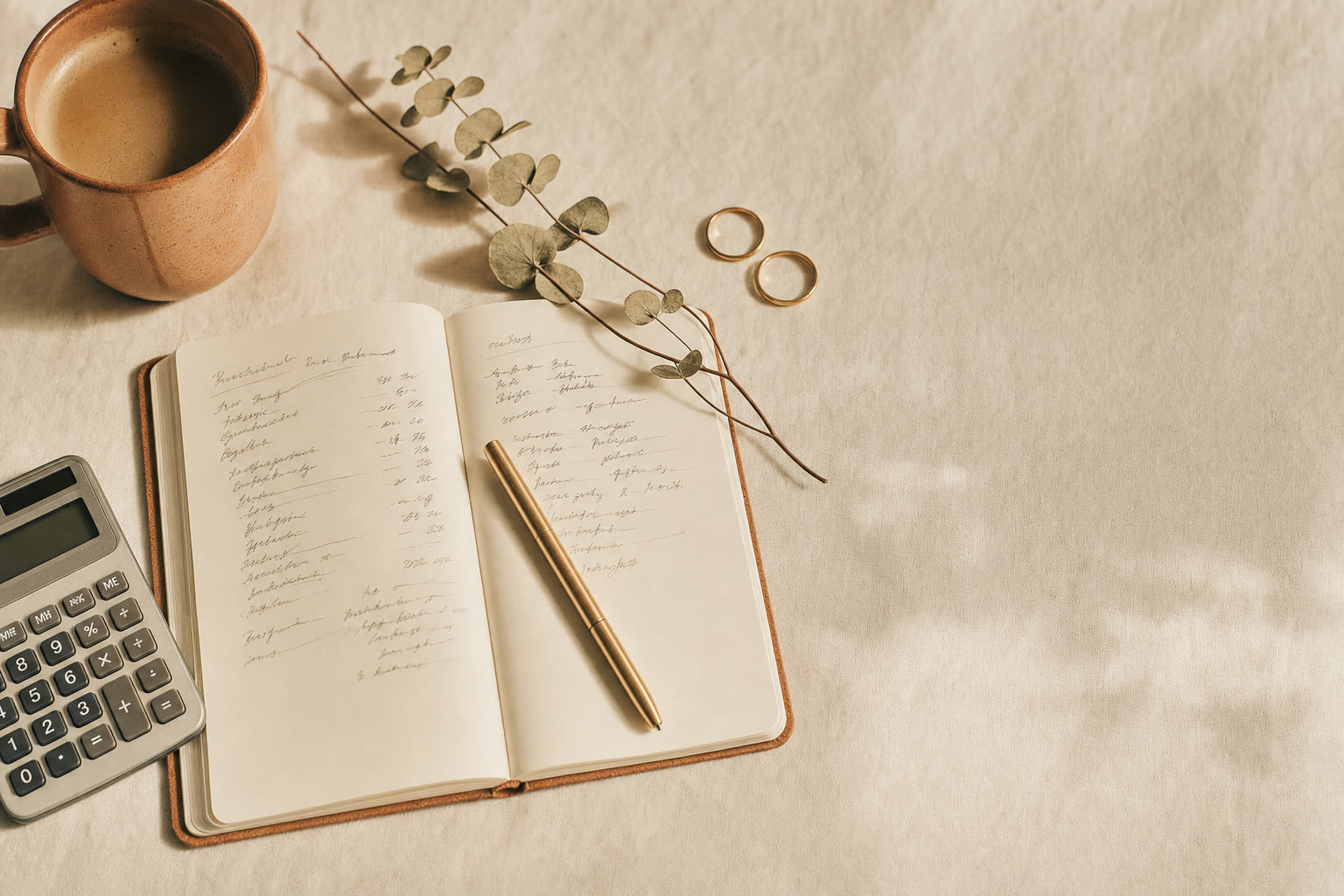 An open notebook with a handwritten budget list, a pen, a calculator, two gold rings and a mug of coffee on ivory linen
