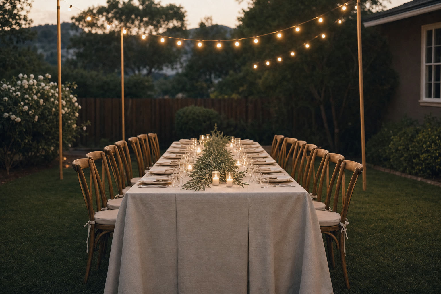 A long table set with linen, candles and greenery under café string lights in a tidy backyard at dusk