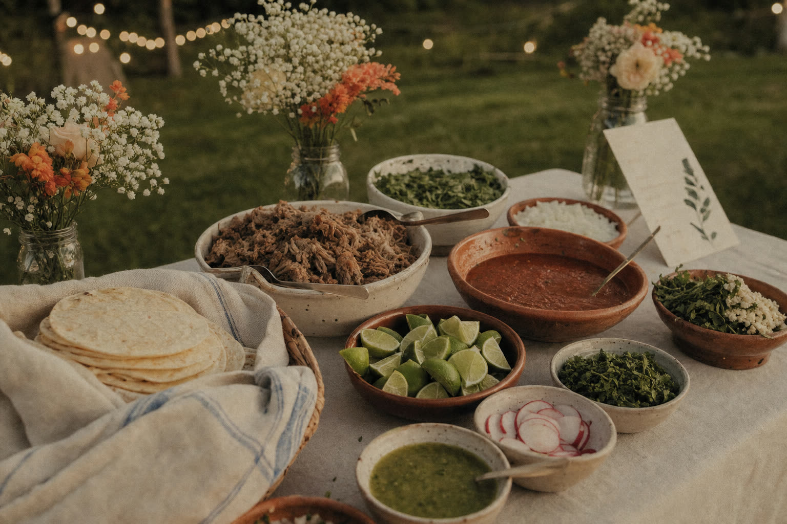 A taco bar on a linen-covered folding table with jars of grocery-store flowers at a backyard wedding