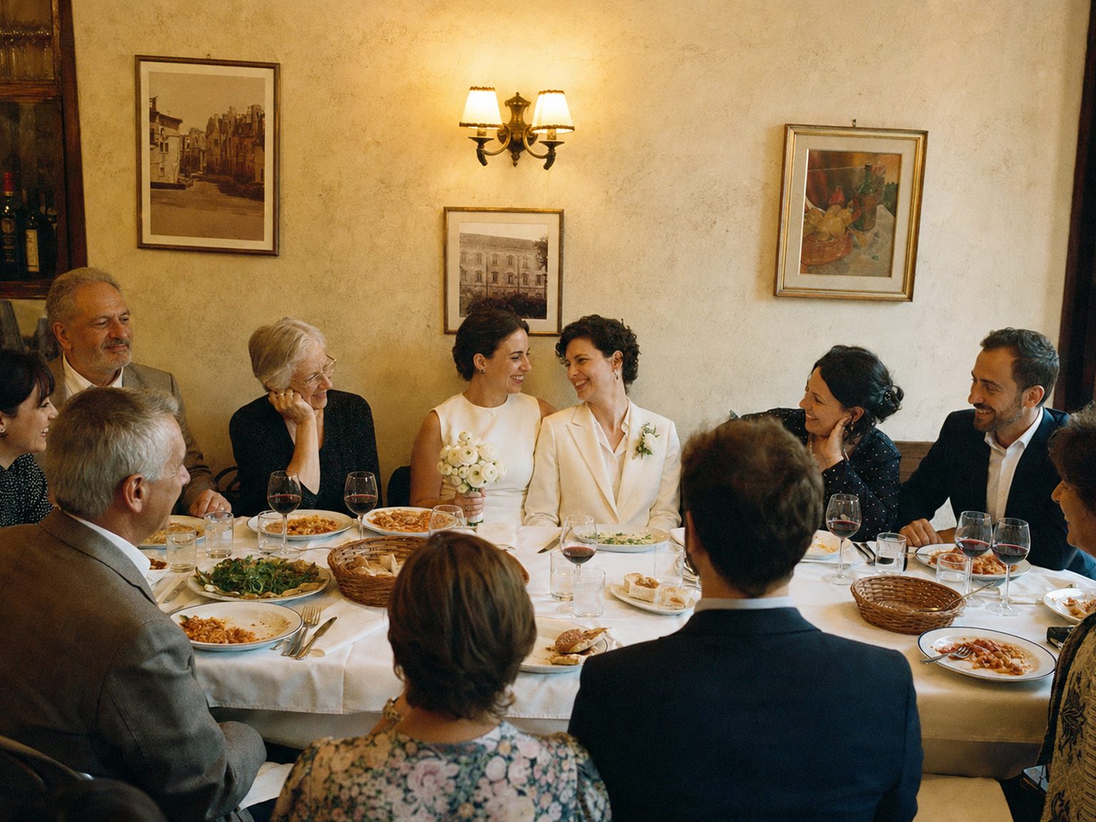 Two brides seated together at the back table of a small family-run restaurant, sharing pasta and wine with ten guests after their courthouse ceremony