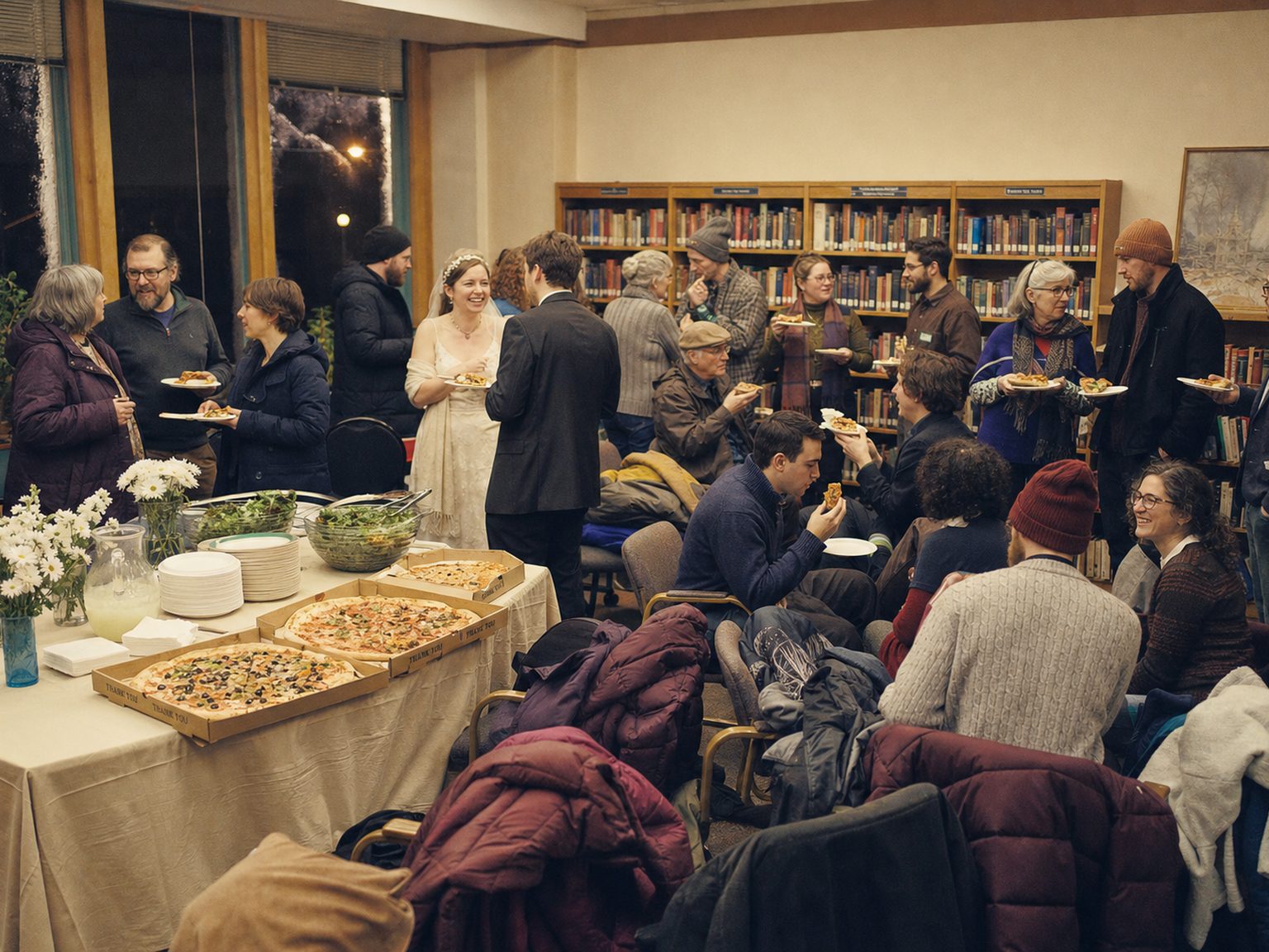 Guests in coats holding pizza slices on paper plates beside library bookshelves, with open pizza boxes, salad bowls and lemonade on a cloth-covered folding table