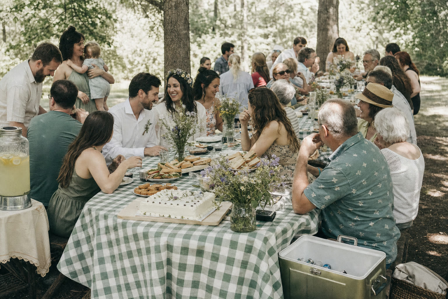 Twenty guests seated at picnic tables under trees with sandwich platters, lemonade and a small homemade cake