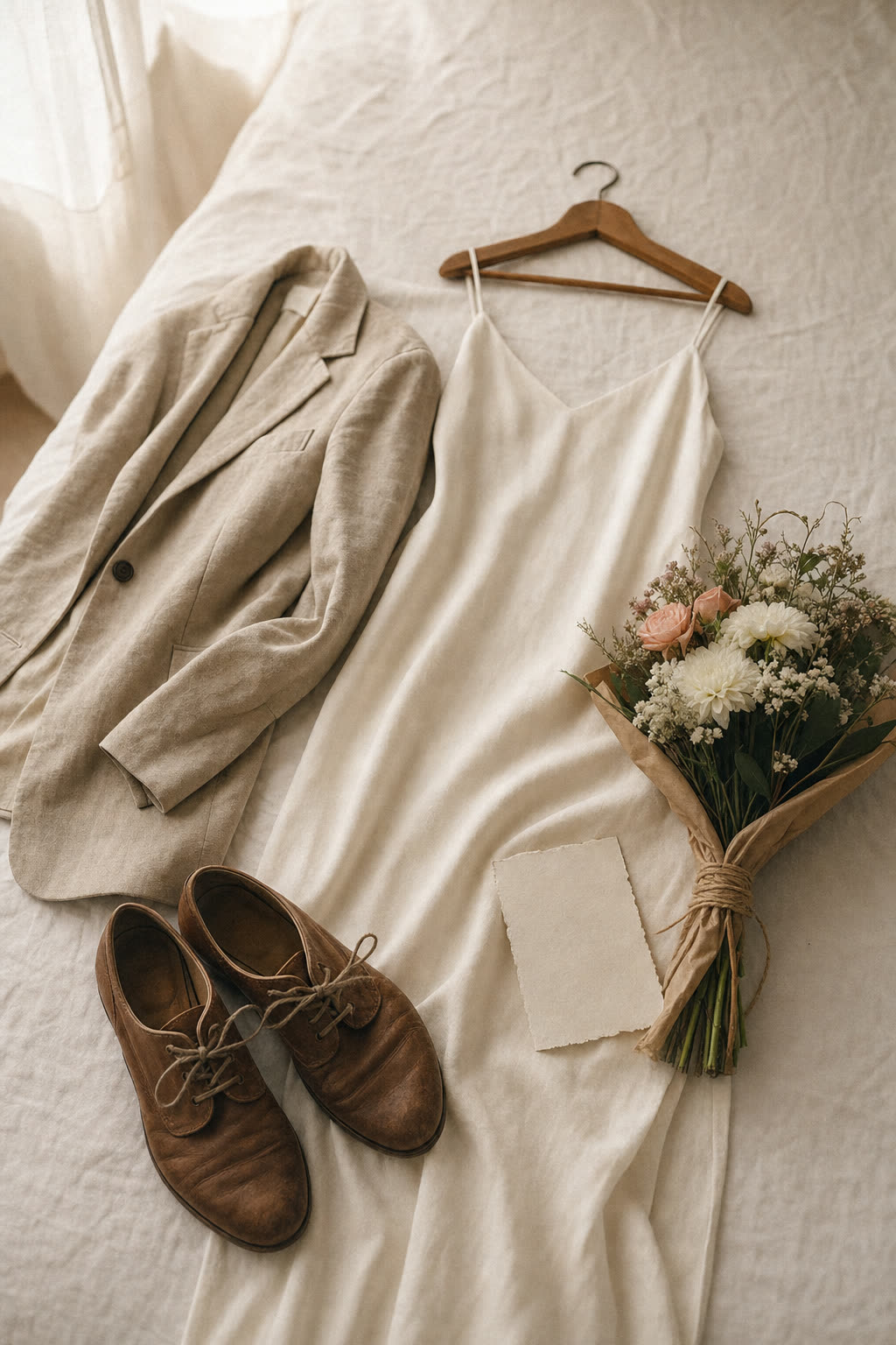 A simple ivory slip dress, linen jacket, worn leather shoes and a small wrapped bouquet laid out on a bed